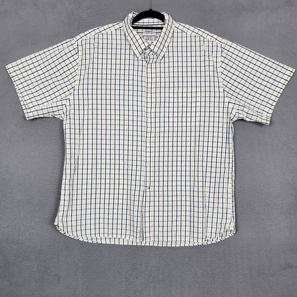 Jos A Bank 1905 Shirt Mens 2XL Yellow Blue Check Short Sleeve Cotton Button Up
